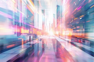 Digital generated image of abstract white coloured city with multicoloured data flowing through city streets. Smart technology, speed and artificial intelligence concepts.