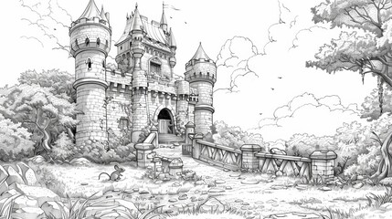 coloring book The AI-generated photo looks like a black and white pencil drawing of a fairytale castle