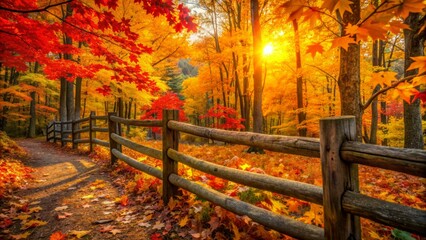 Vibrant yellow, orange, and red leaves scatter across rustic wooden fence, surrounded by lush forest, accentuating autumn's fleeting beauty.