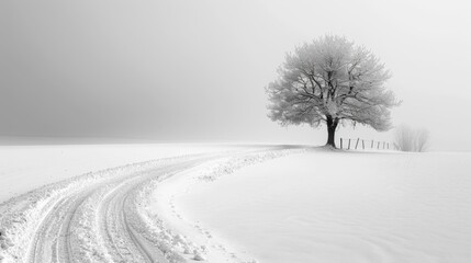 Fototapeta premium A lone tree stands in a snowy field. AI.