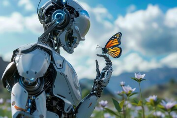 Fototapeta premium Digital generated image of android holding butterfly on finger standing on meadow. Metaverse, smart technology and artificial intelligence concepts.