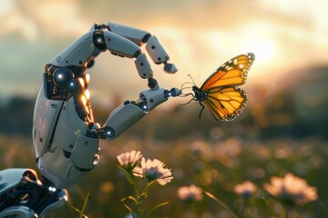 Digital generated image of android holding butterfly on finger standing on meadow. Metaverse, smart technology and artificial intelligence concepts.