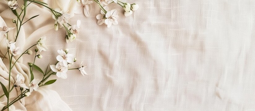 Minimalist floral wedding invitation or greeting card, postcard template, blank paper card and flowers on a beige neutral linen background. Copy space image. Place for adding text or design