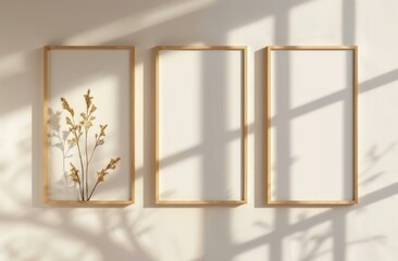 Three empty wooden frames with a dried plant in the left frame. AI.