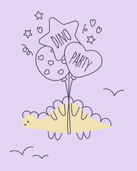 Greeting card with dinosaur. Happy birthday greeting card, poster, banner, baby shower template. Lettering, balloons, confetti. Vector illustration in Scandinavian style