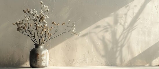 Dried flowers in a vase on a table against a light background. Space for text. Copy space image. Place for adding text and design