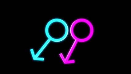 Male and female symbols, dark black background Neon design.