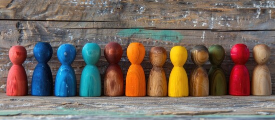 Diversity concept. Colored figures between wooden ones. Copy space image. Place for adding text and design