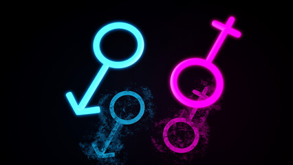 Male and female symbols, dark black background Neon design,