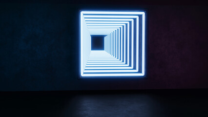 3D rendering of walkway penetrating walls Abstract square blue neon lights.