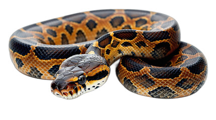 Fototapeta premium A close up image of a brown and black python snake coiled on a transparent background