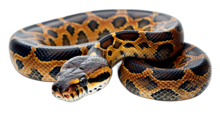 A close up image of a brown and black python snake coiled  on a transparent background