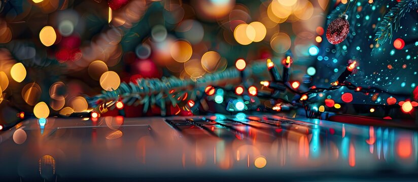 Selective focus on laptop keyboard with Christmas tree background. Copy space image. Place for adding text and design