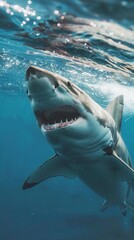 Fototapeta premium Majestic Shark Underwater. Powerful predator in the deep sea