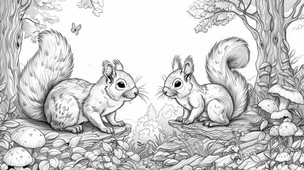 Fototapeta premium coloring book Two squirrels are sitting on a rock in front of a tree. The left squirrel is holding a nut in its paws, and the right squirrel is looking at the nut.