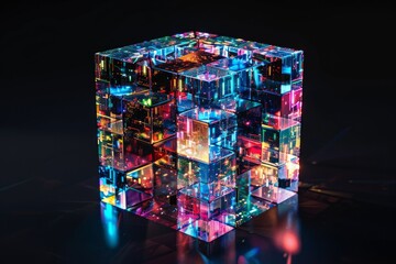 Digital generated image of multicoloured sphere inside cubic shape against black background. Visualising transformation, blockchain and artificial intelligence.