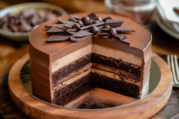A decadent chocolate cake with multiple layers of rich chocolate and cream topped with chocolate decorations on a wooden platter