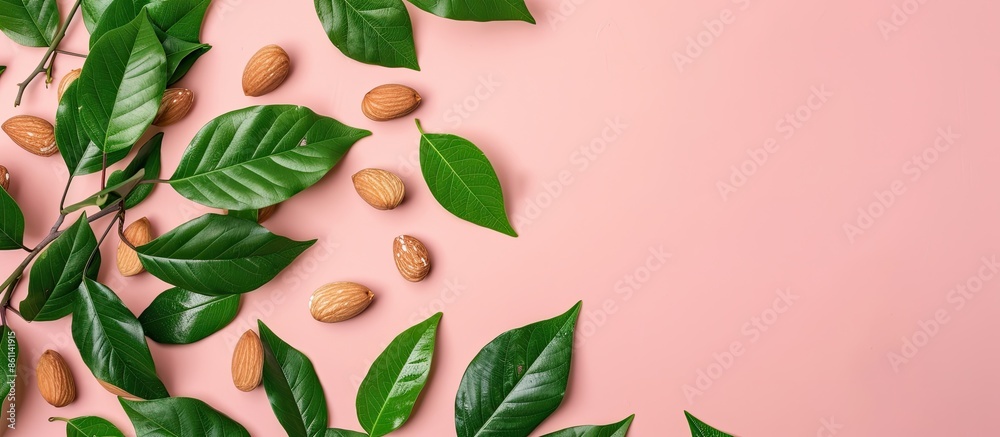 Poster almond with green leaves Isolated on pastel background. Copy space image. Place for adding text and design