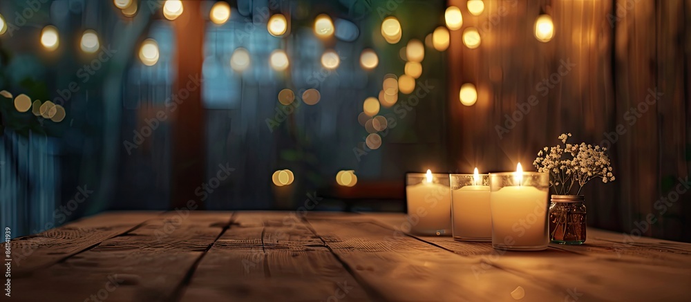 Poster artificial candles in the table. copy space image. place for adding text and design