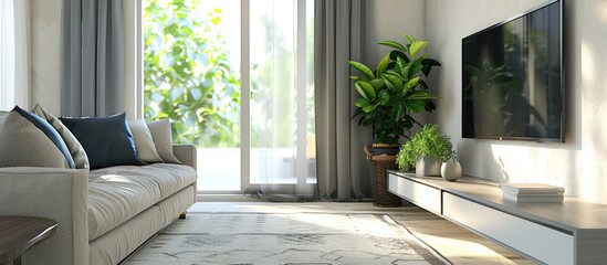 Fototapeta premium Interior of light room with gray sofa with pillows and carpet against modern television in daytime. Copy space image. Place for adding text and design