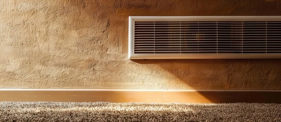 White air conditioner duct grille cover against floor with brown carpet. Copy space image. Place for adding text and design