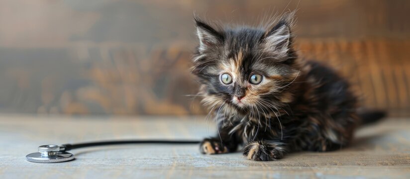 Veterinarian doctor examining a long haired tortoiseshell kitten at a vets surgery with a stethoscope. Copy space image. Place for adding text and design