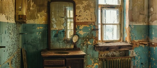 sanatorium room with mirror and rust in russian style. Copy space image. Place for adding text and design