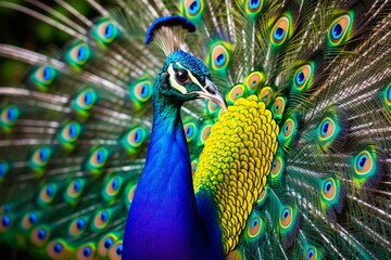 Obraz premium Birdwatching close-up of a peacock displaying its feathers, birdwatcher captivated by the colors