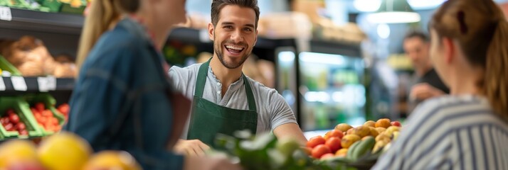 Naklejka premium A young man working at a grocery store, smiling behind the counter, surrounded by fresh fruits and vegetables, and assisting customers.