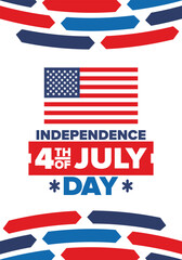 Independence Day in United States of America. The Fourth of July. Happy national holiday, celebrated annual in July 4. American flag. Country freedom day. Patriotic event design. Vector poster