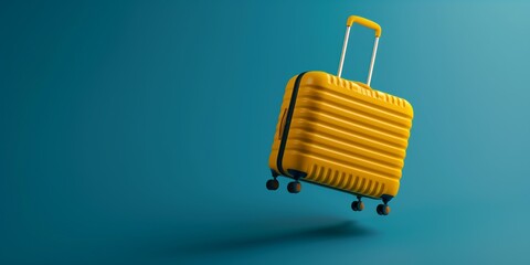 A yellow suitcase isolated on blue background. Travel and vacations theme. AI generated