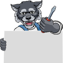 A wolf electrician handyman or other construction cartoon mascot man holding a screwdriver tool.
