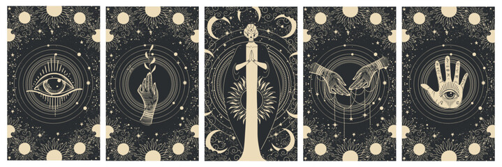 Set of magical celestial illustrations, goddess with sun and moon symbols, all-seeing eye, palm reading, vintage background for witch, astrology, esotericism. Vector.