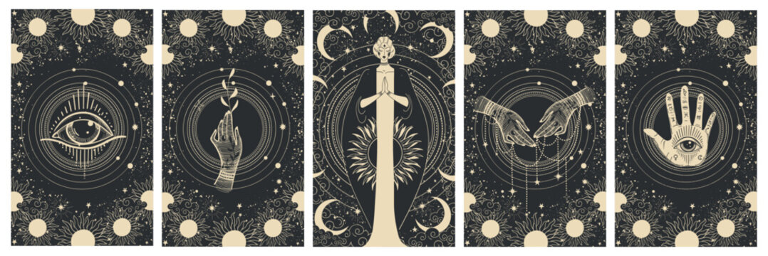 Set of magical celestial illustrations, goddess with sun and moon symbols, all-seeing eye, palm reading, vintage background for witch, astrology, esotericism. Vector. - Powered by Adobe