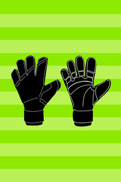 Black goalkeeper gloves against striped colored background