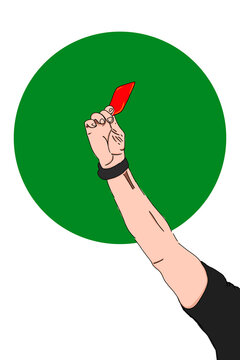 Illustration of hand of referee showing red card against green circle