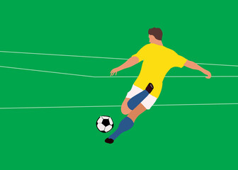Man kicking soccer ball on green soccer field