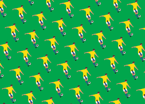 Repetition of man in yellow uniform kicking soccer ball against green background