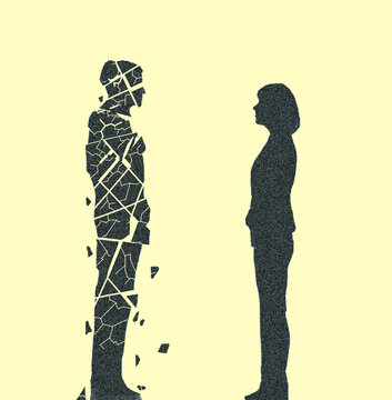 Illustration of couple while woman looking at man breaking in pieces