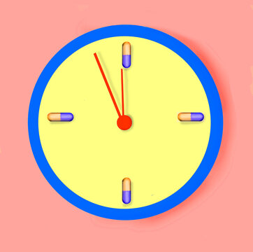 Illustration of clock face with capsules on coral background