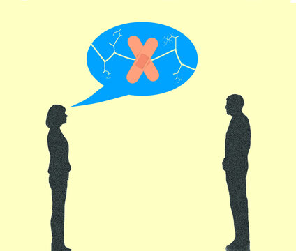 Illustration of couple with bandage on broken speech bubble
