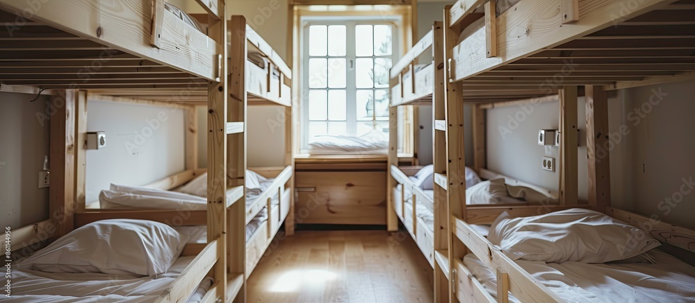 Wall mural interior of hostel with wooden bunk bed. copy space image. place for adding text and design