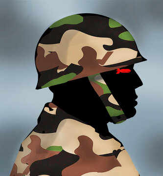 Illustration of soldier with bomb instead of eye