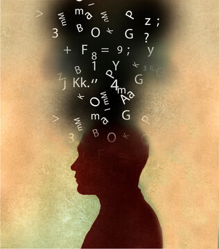 Numbers, letters and symbols coming out of mans head