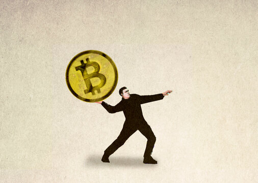 Illustration of man throwing oversized Bitcoin
