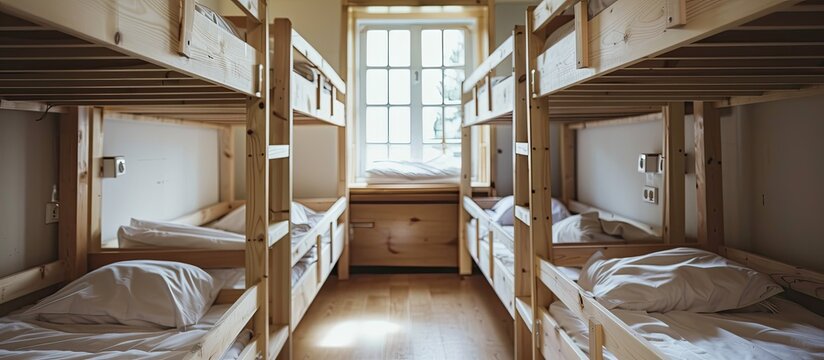 Interior of hostel with wooden bunk bed. Copy space image. Place for adding text and design