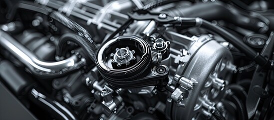 Car engine, concept of modern vehicle motor with metal, chrome, plastic parts, heavy industry, monochrome. Copy space image. Place for adding text or design