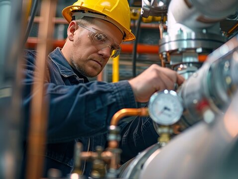 Technician reading a boiler pressure gauge,