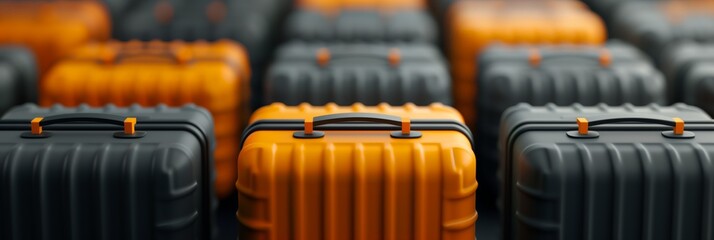 A rows of black and yellow travel suitcases. Travel and vacations theme. AI generated
