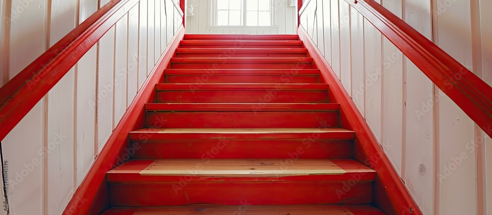 Wall mural wooden stairs of house with red handrail in the center . copy space image. place for adding text and